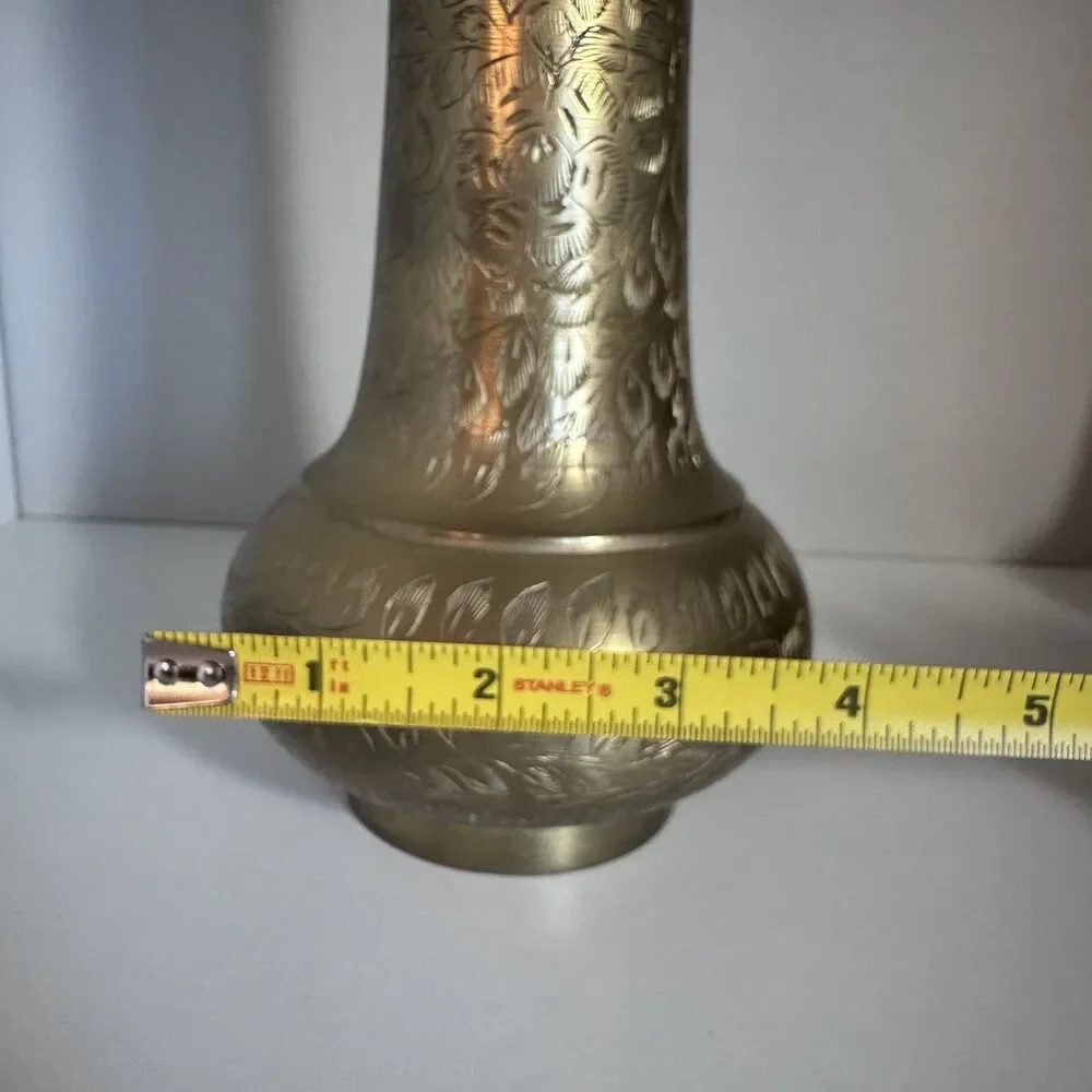 Vintage Pair Etched Brass Vases 11.5” Floral Engraved Made in India Boho Decor